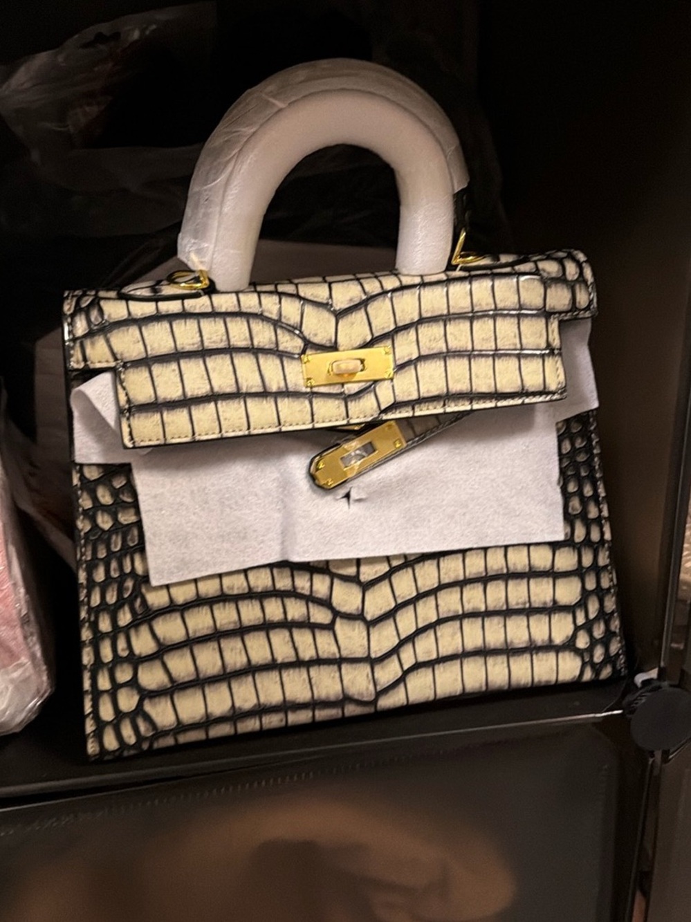 A Classy Chic Boutique Croc-Texture Satchel in Cream and Black